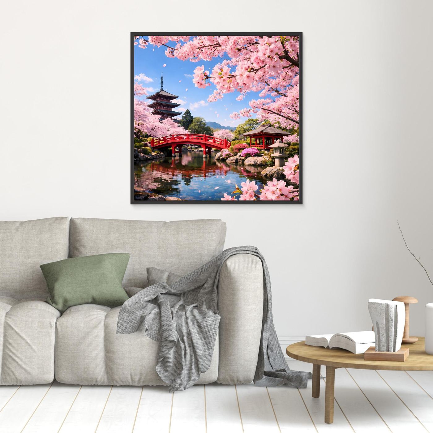 Leinwandbild im kleinen Format: Kirschblüten, rote Brücke und Pagode, schwarz gerahmt