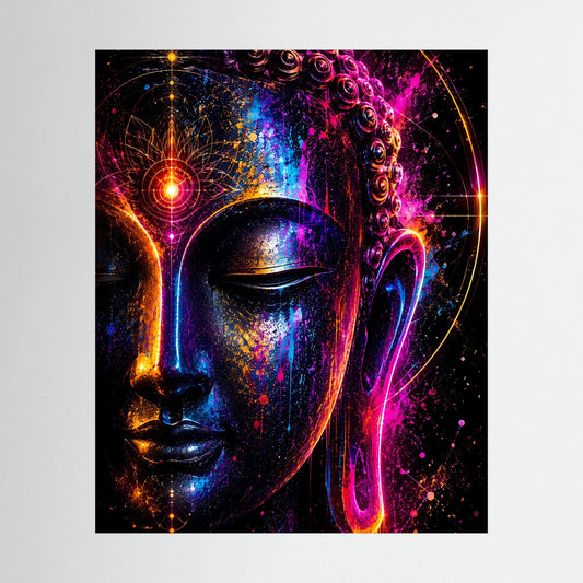 Abstraktes Buddha-Gesicht als Neon-Poster mit farbigen Lichteffekten in Schwarzrahmen