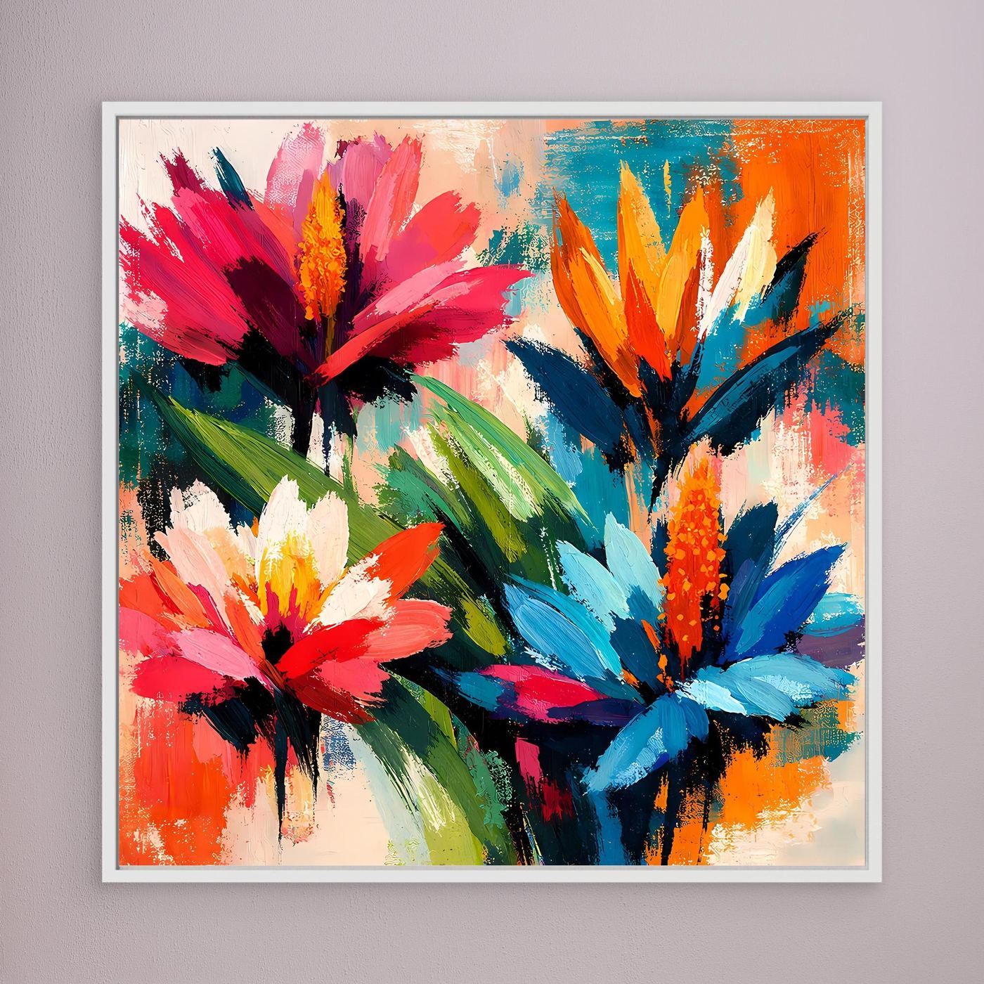 Canvas abstract tropical flower wall art with white frame, orange blue pink flowers