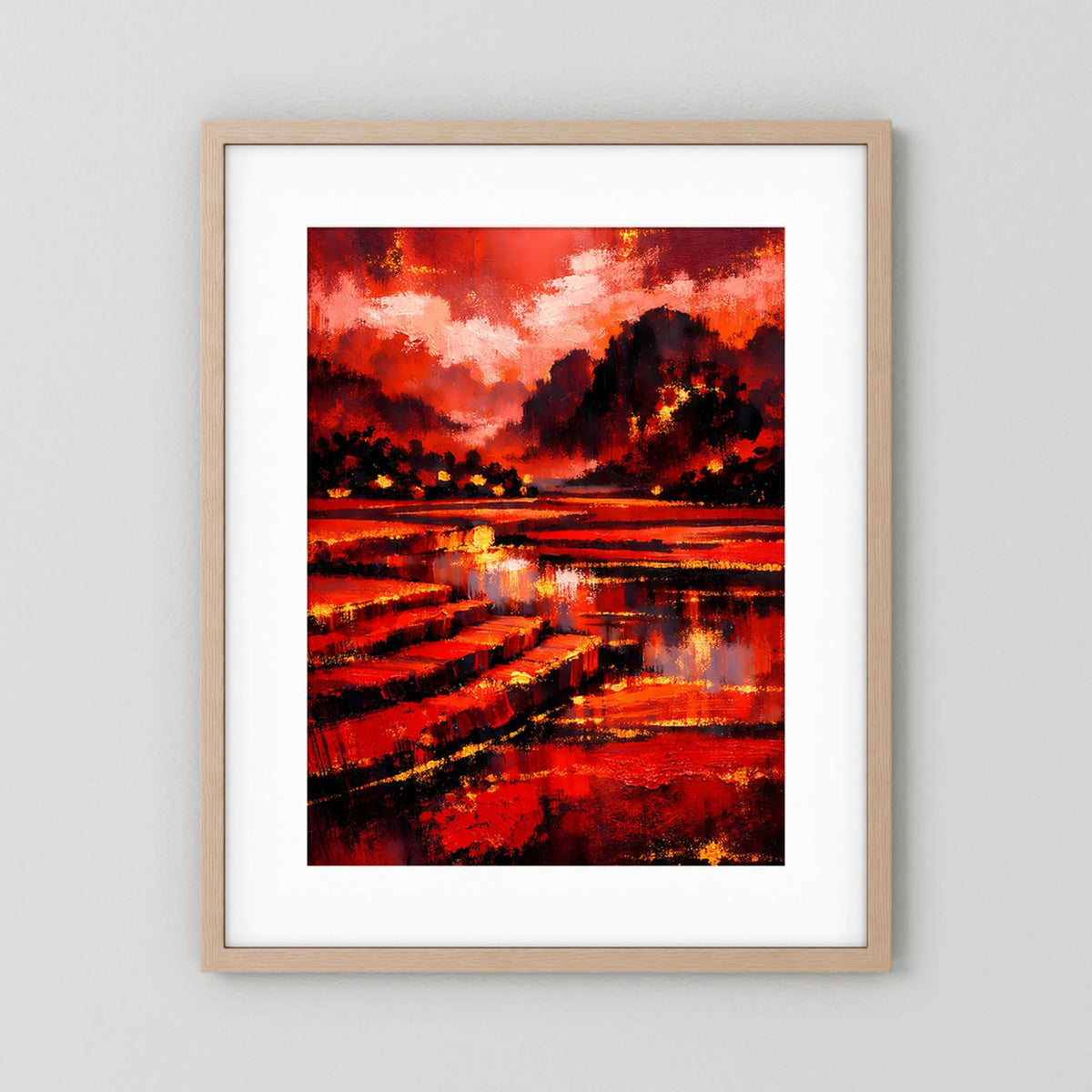 Kunstposter Hochformat mit hellem Holzrahmen und weißem Passepartout, Rot-Schwarz-Landschaft