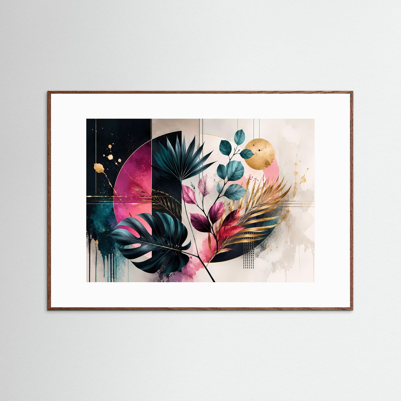 Abstrakte Botanik Poster | Moderne Blätter Wandkunst | Geometrische Pflanzen Kunst | Tropical Boho Leinwand | Gold & Pink Design Bild