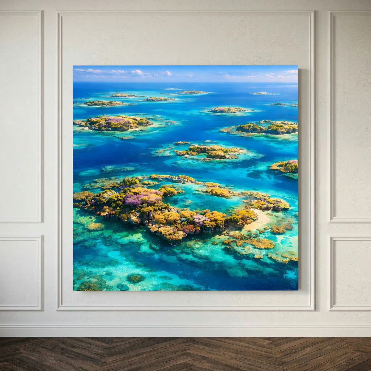 Quadratisches Leinwandbild auf Holzkeilrahmen mit tropischem Inselmeer und Korallenriff