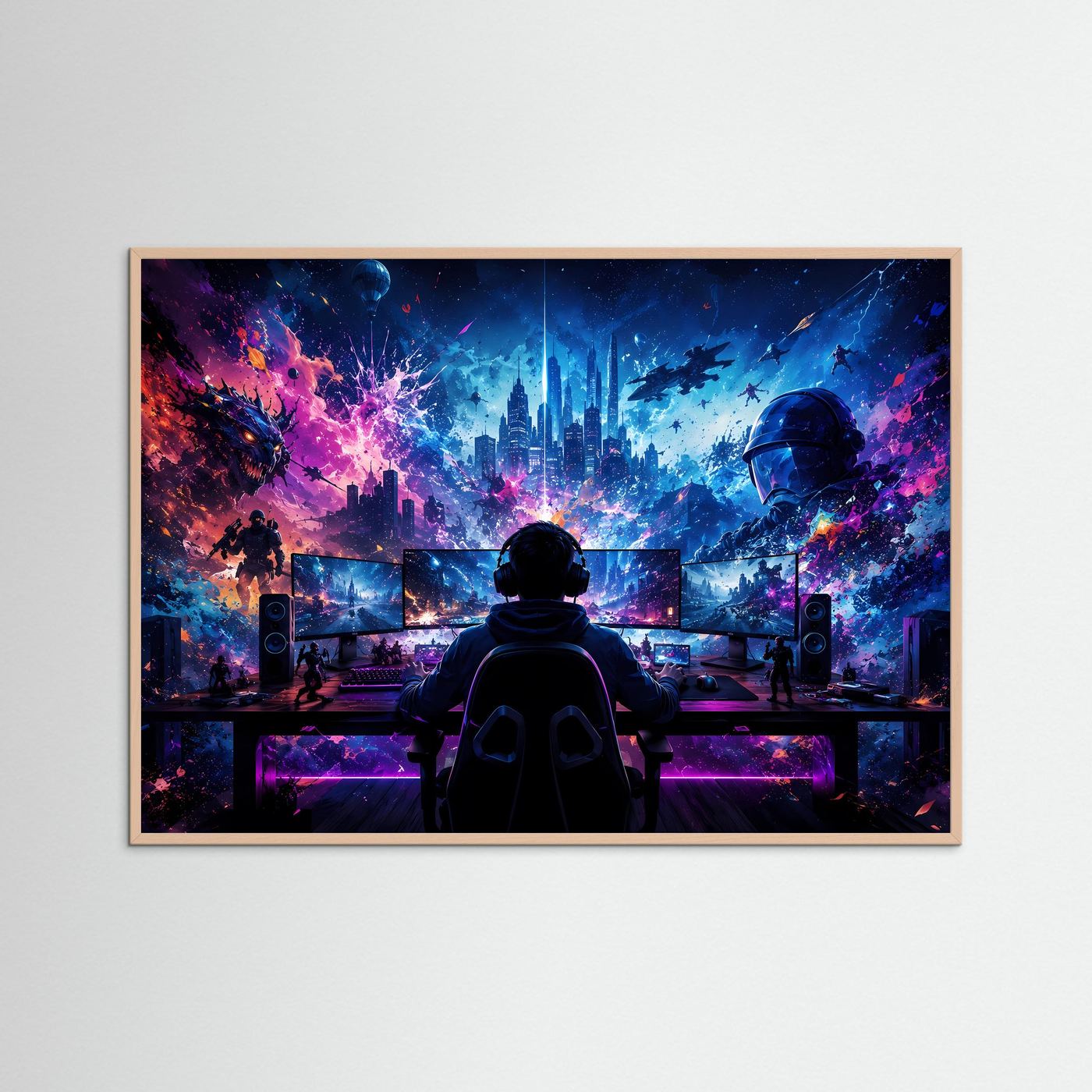 Gaming World Neon Blau & Pink | Futuristische Gamer Wandkunst