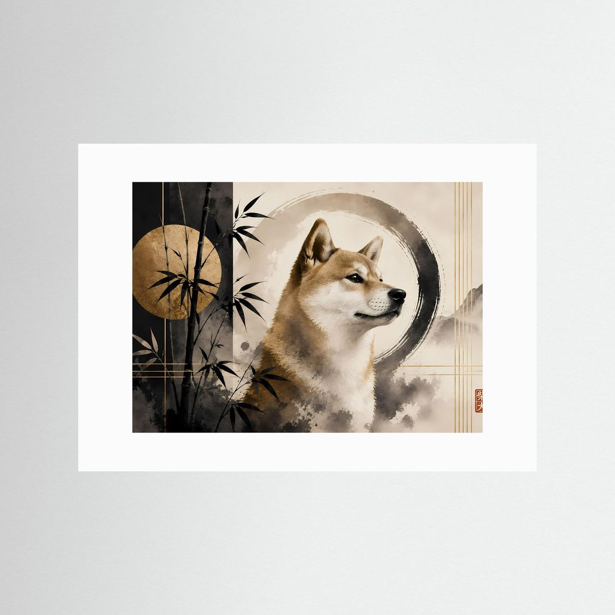 Querformat-Poster ohne Rahmung: Shiba Inu im Zen-Stil mit Bambus und Kreisornamenten