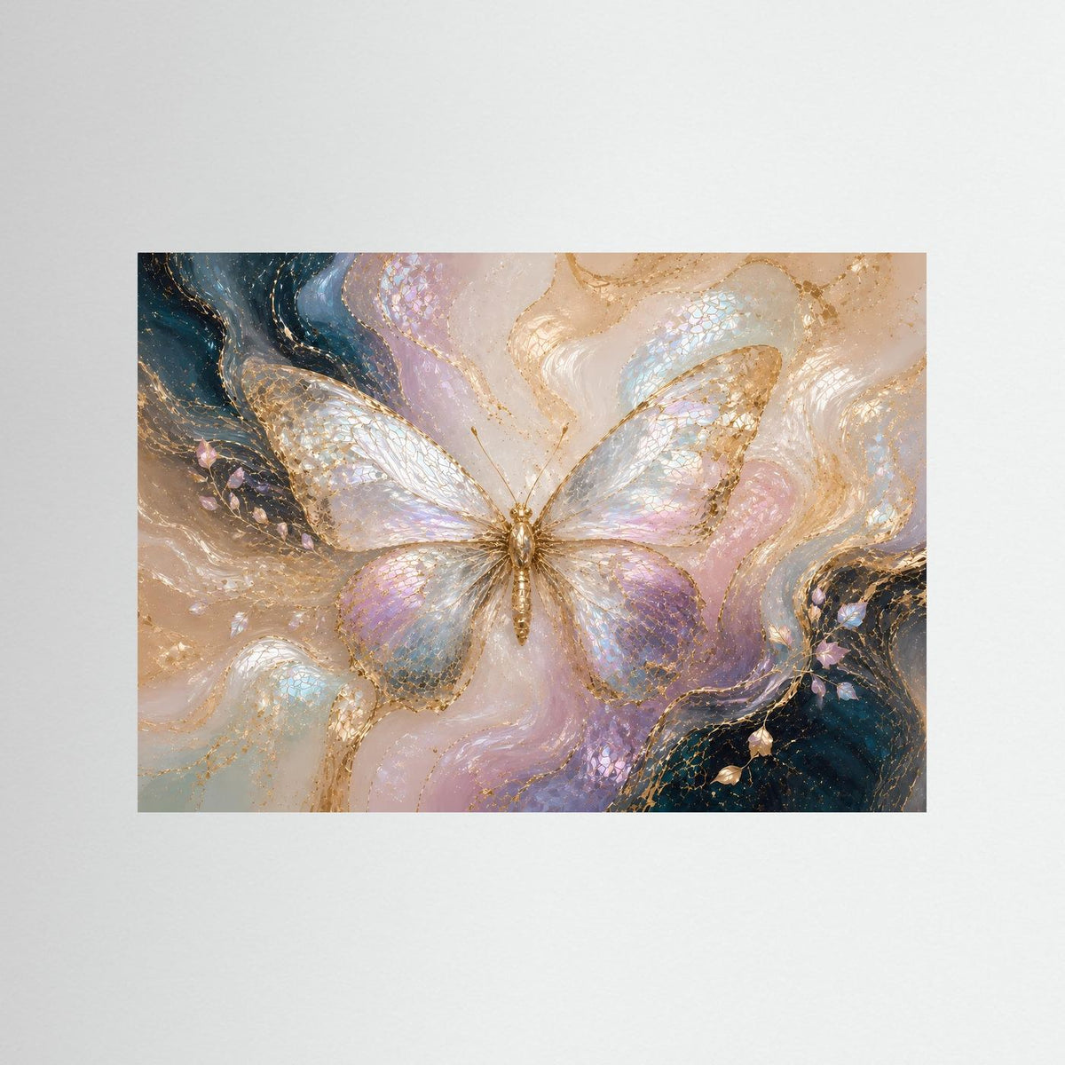 Wandkunst-Poster mit abstraktem Schmetterling in Pastellfarben und Goldakzenten