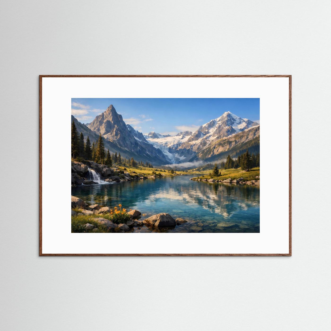 Querformat-Poster: Alpenpanorama mit Bergsee und Wasserfall, dunkelbrauner Holzrahmen