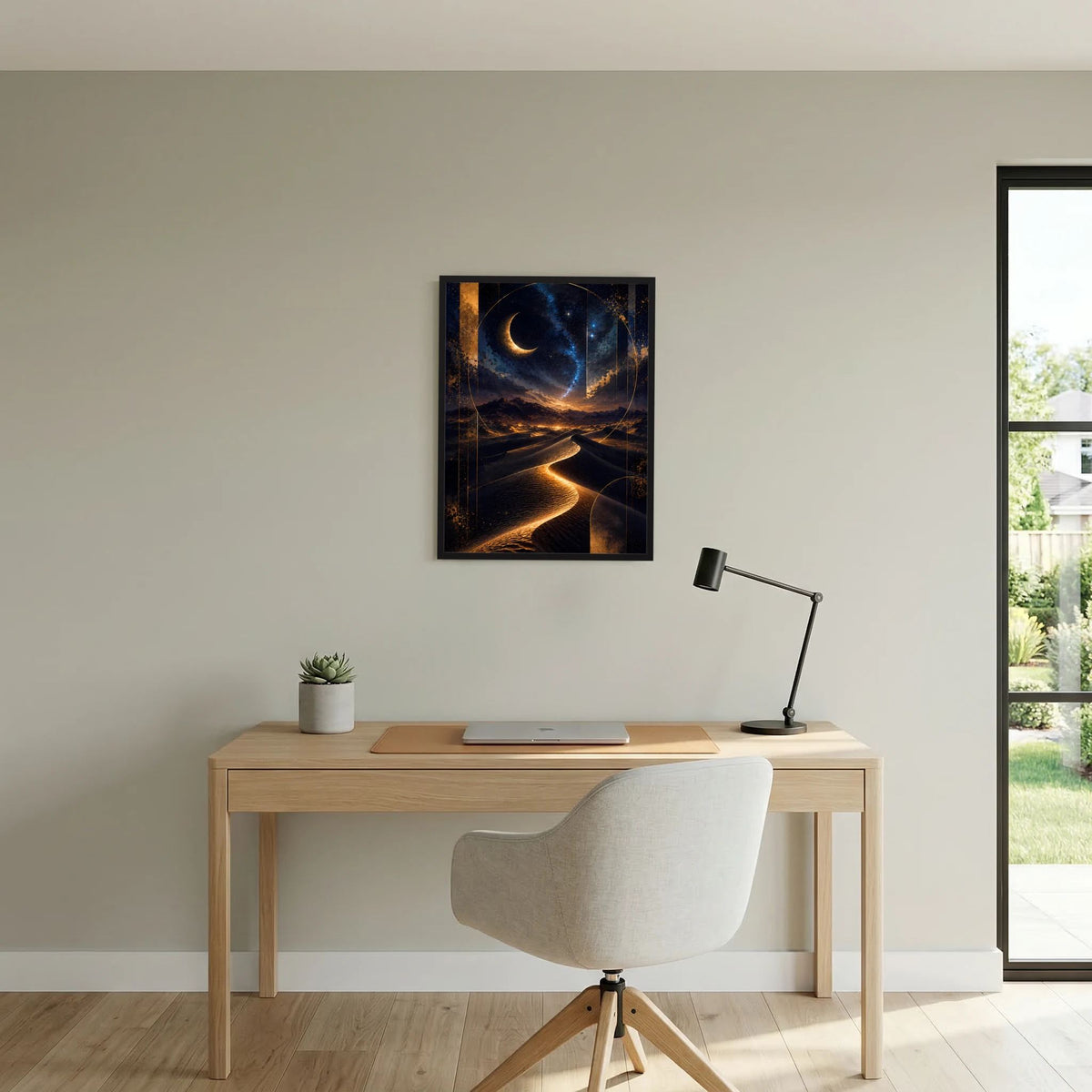 Hochformat-Poster: Mondsichel über nächtlicher Wüstenlandschaft mit goldenen Lichtspuren