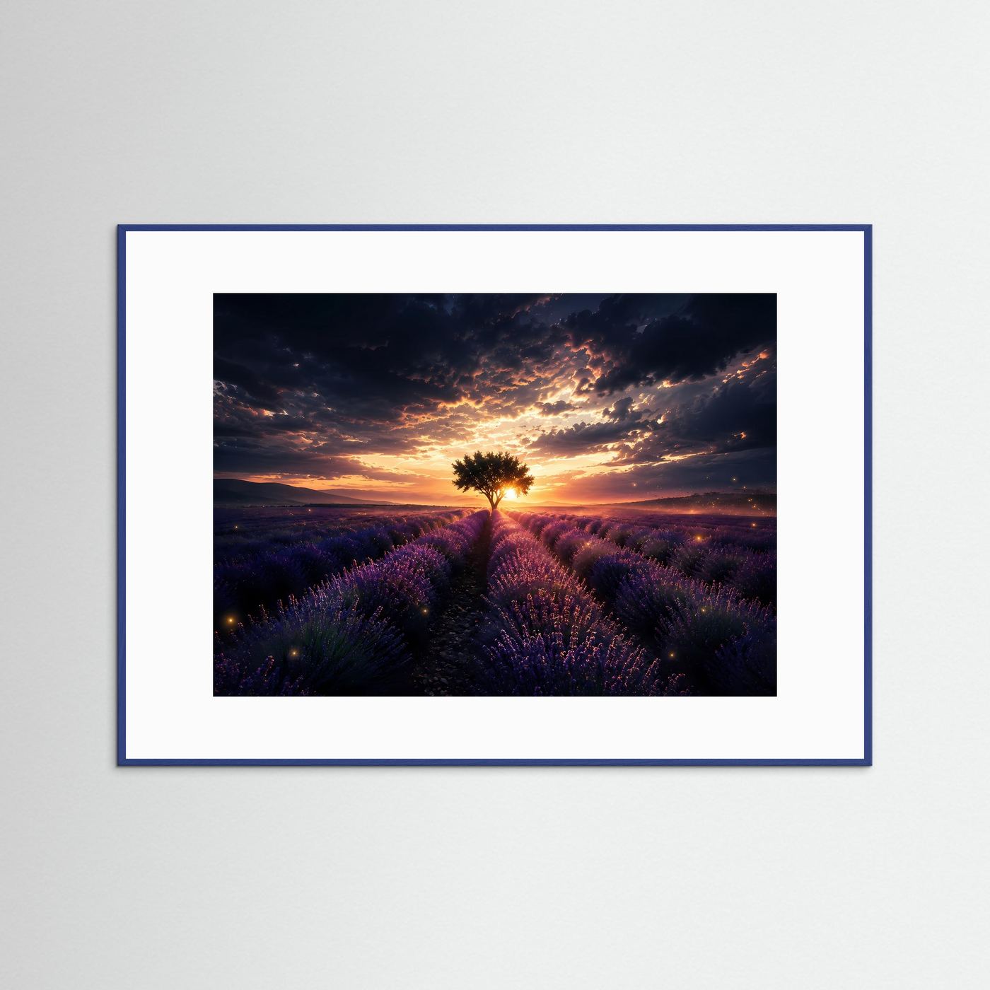 Lavendelfeld mit Baum Poster | Sonnenuntergang Landschaft Wandbild | Provence Lavendel Kunst | Natur Fine Art Print | Modernes Panorama