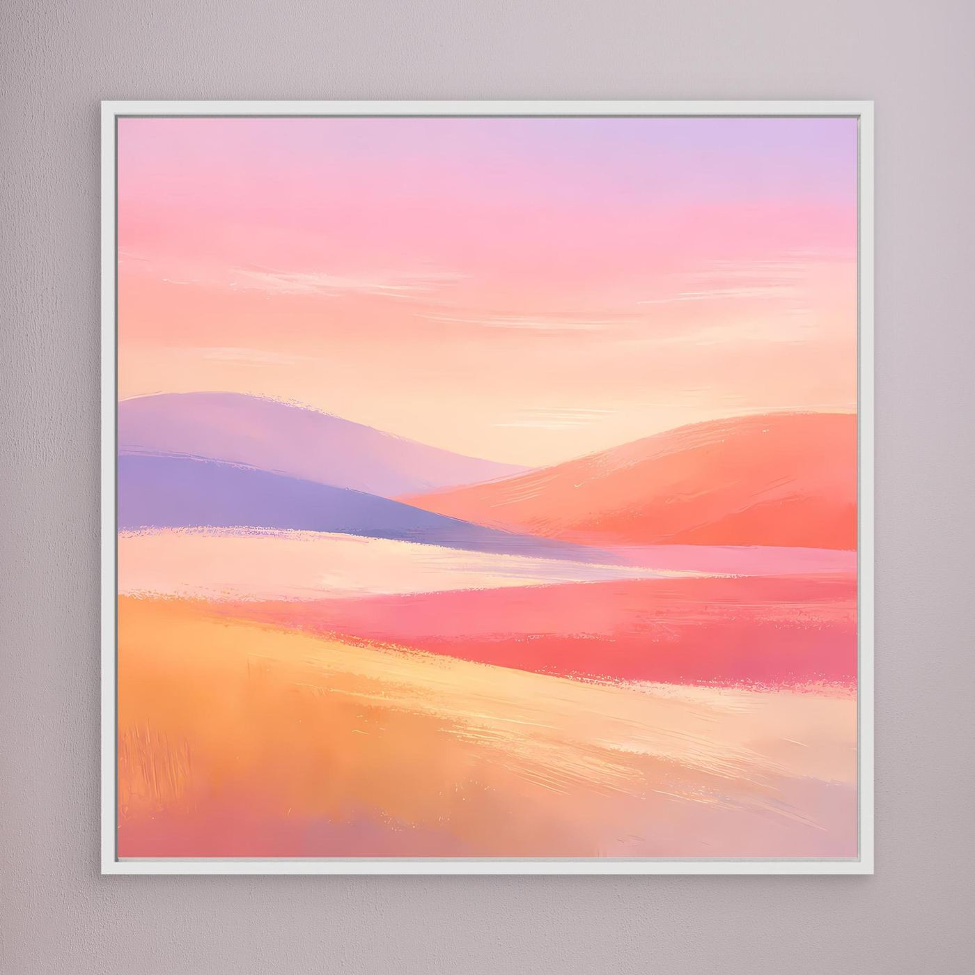 Leinwandbild mit abstrakter Hügellandschaft in Pastellfarben, weiß eingefasst