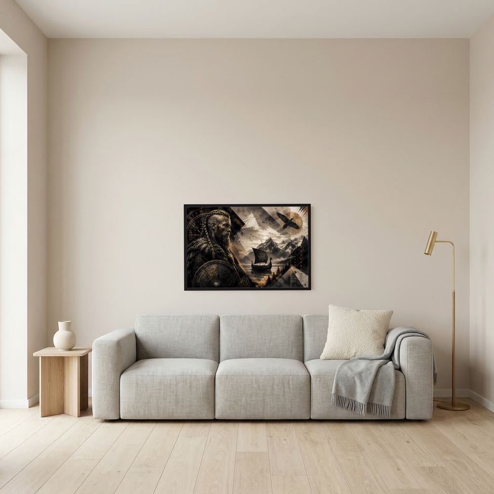 Wandposter im Querformat mit Wikingerkrieger, Langschiff und Rabe, Schwarz und Gold.