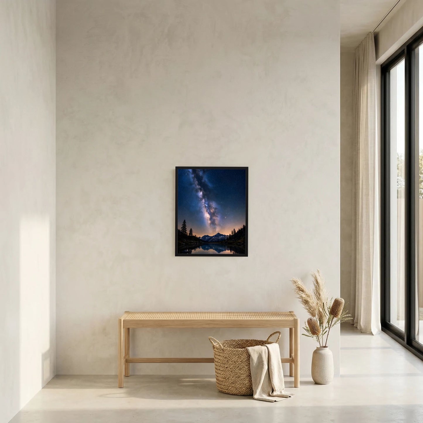 Wand-Poster im Rahmen mit nächtlichem Bergsee- und Sternenhimmel-Motiv im Wohnraum