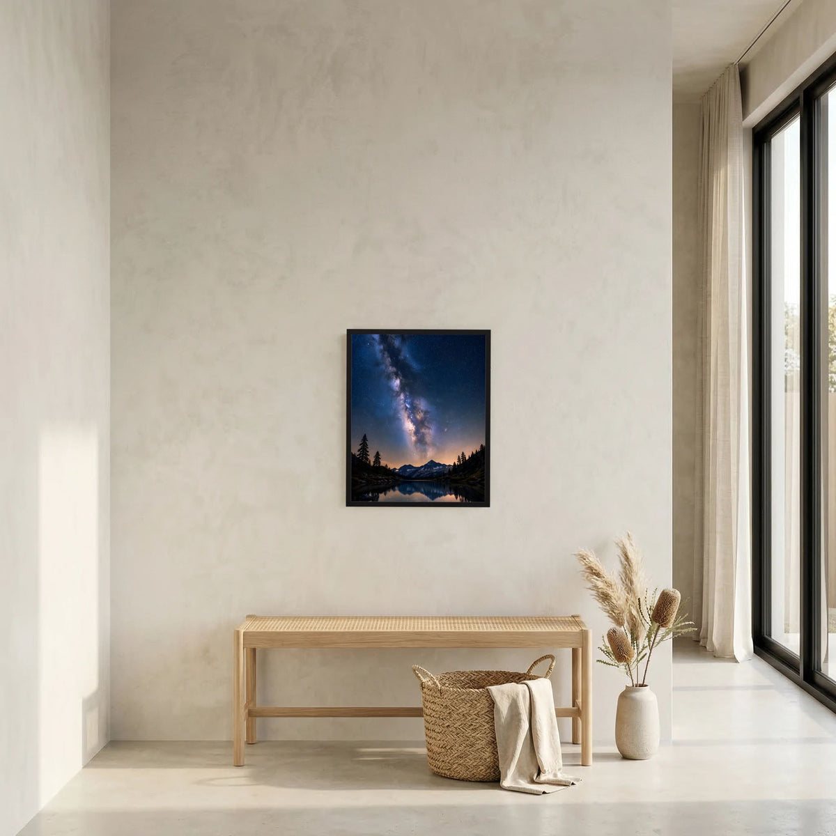 Wand-Poster im Rahmen mit nächtlichem Bergsee- und Sternenhimmel-Motiv im Wohnraum