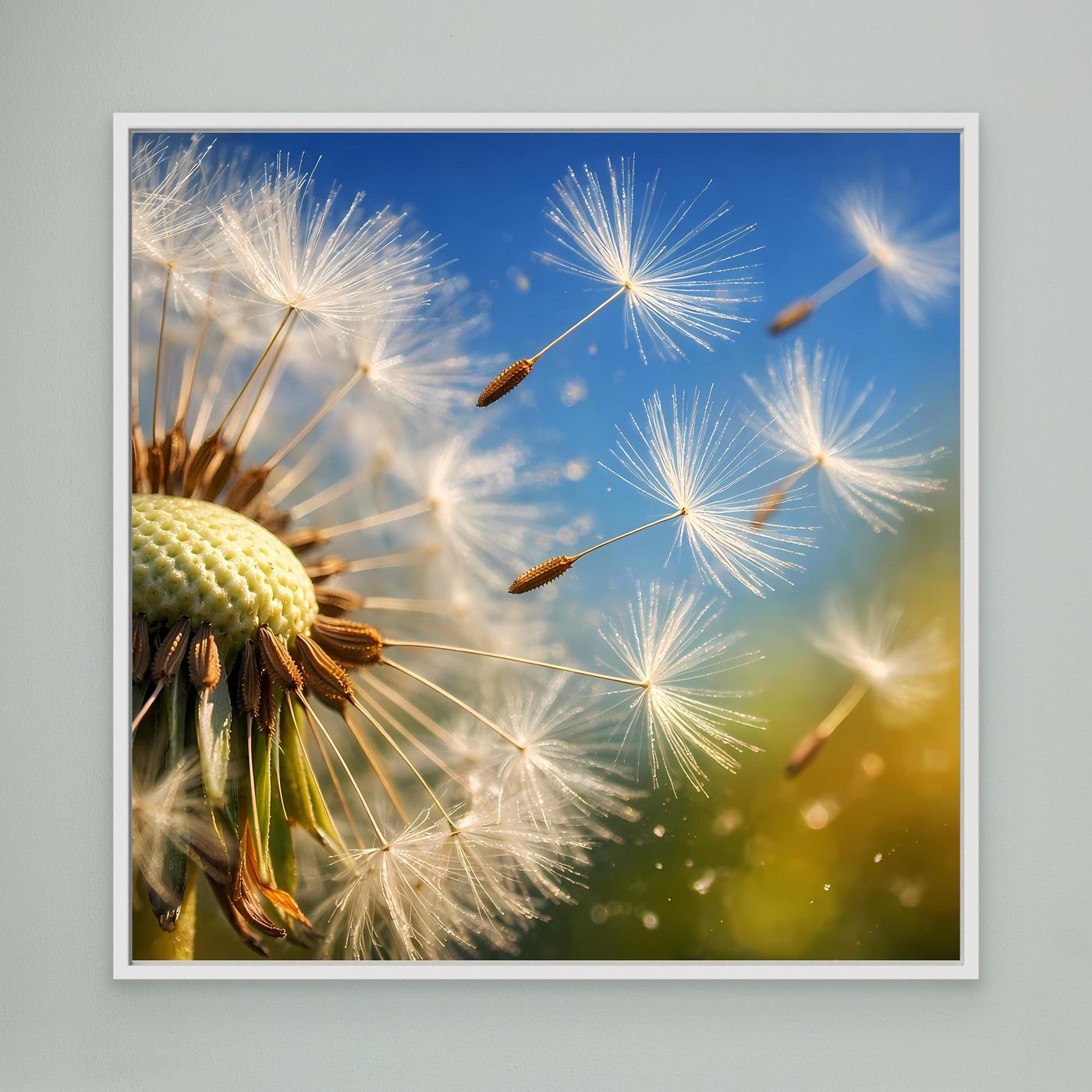 Gerahmtes Leinwandbild mit fliegenden Pusteblumen und Löwenzahn, weißer Rahmen