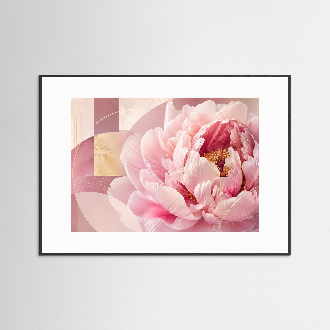 Poster im schwarzen Rahmen mit weißem Rand und rosa Pfingstrosen