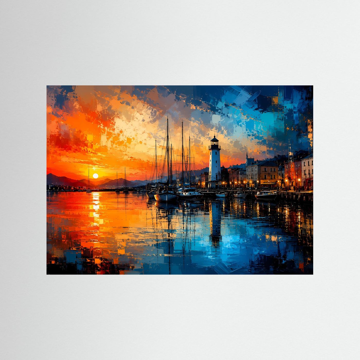 Leuchtturm am Hafen bei Sonnenuntergang | Modernes Küsten & Maritimes Poster Querformat