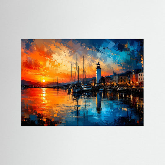 Küstenhafen-Poster mit Leuchtturm, Segelbooten und Sonnenuntergang am Wasser