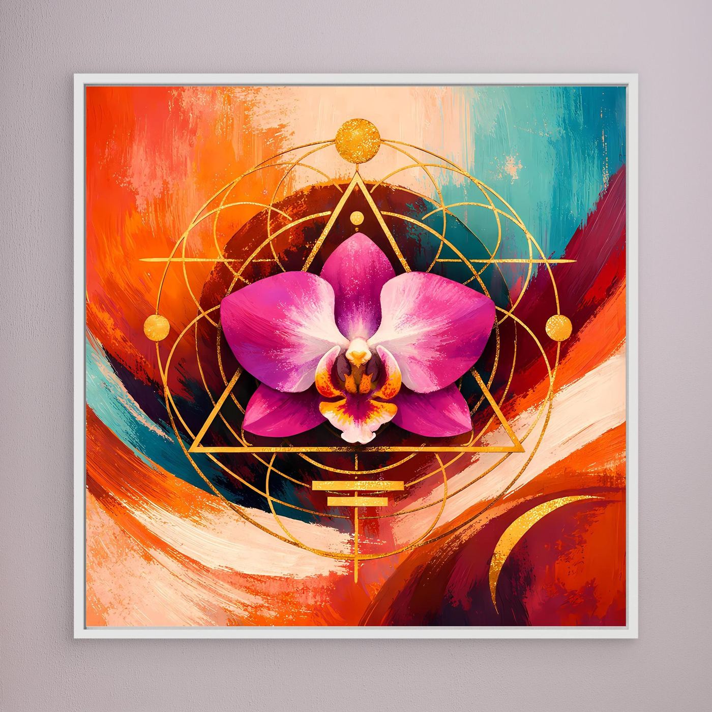 Orchideen-Leinwandbild mit goldener Geometrie, pinker Orchidee und hellem Rahmen
