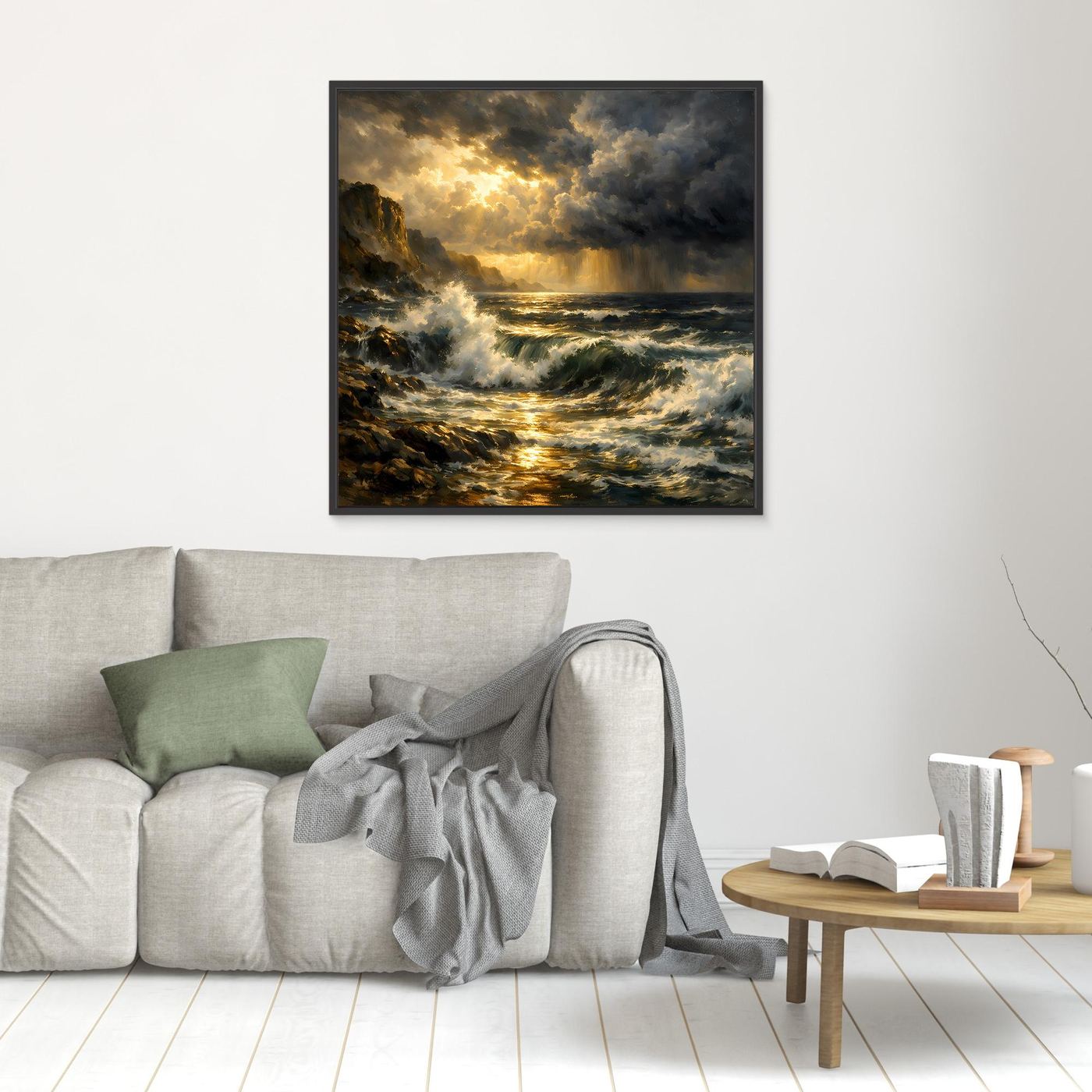 Kleines Leinwandbild stürmisches Meer mit goldenem Licht und Wolken, schwarz gerahmt