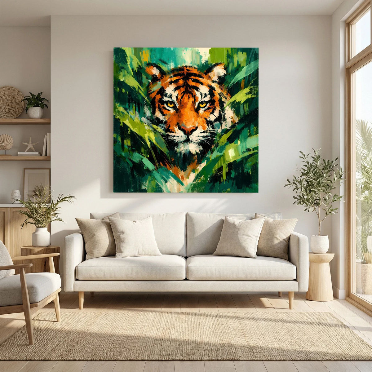 Leinwand Abstraktes Tiger Gemälde | Modernes Wandbild Raubkatze Dschungel Grün Orange
