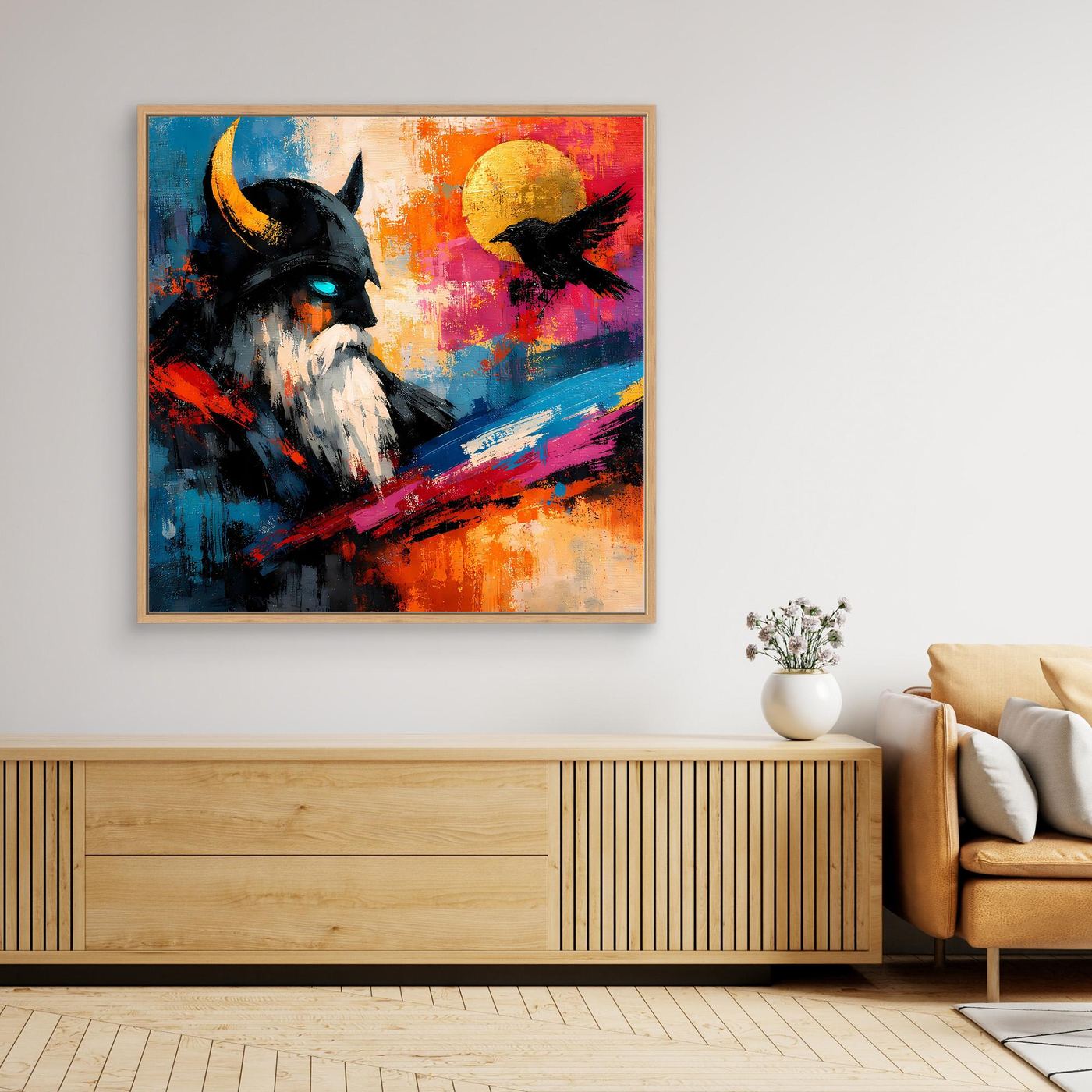 Abstraktes Leinwand-Wandbild von Odin mit Rabe, mit hellem Holzrahmen