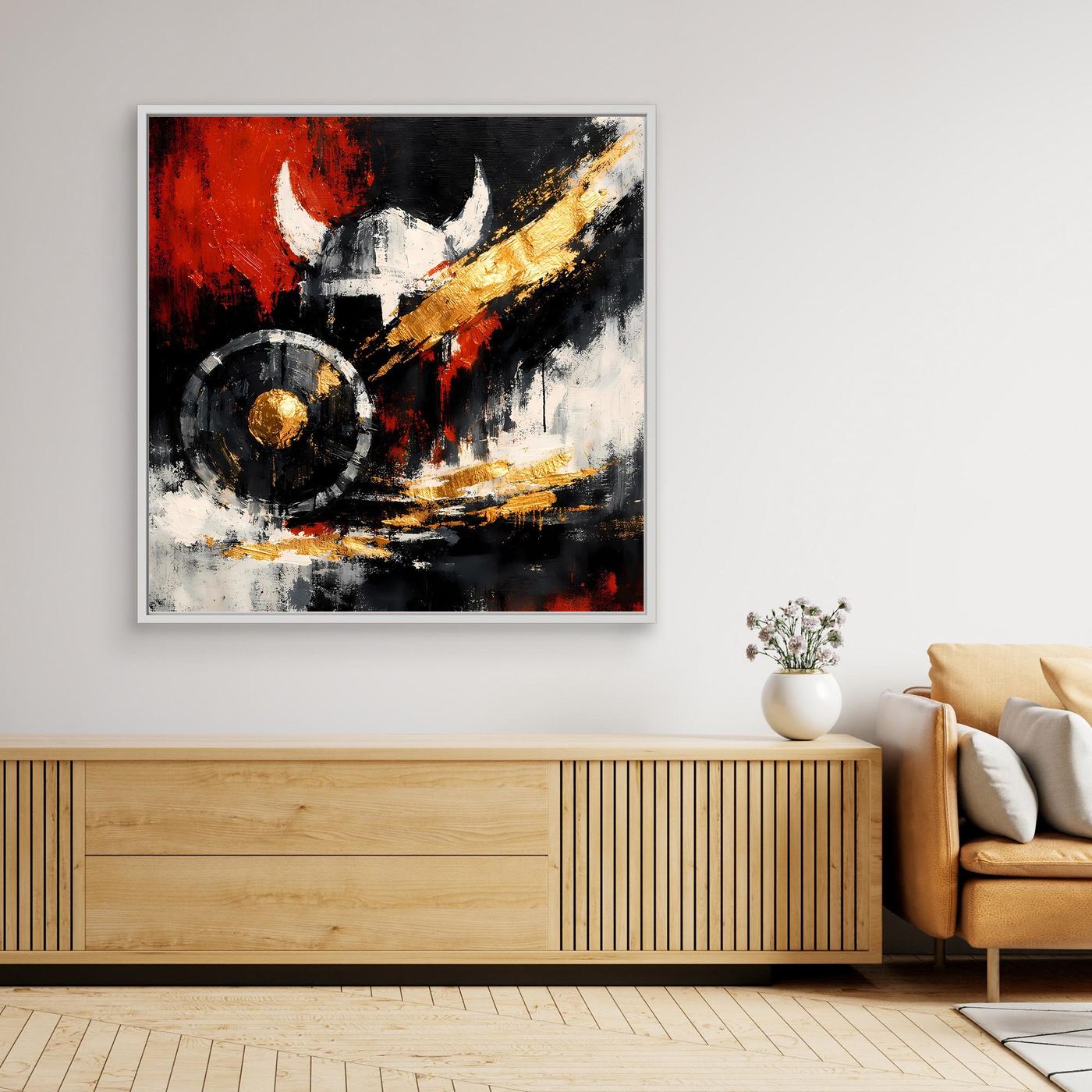 Gerahmtes Leinwand-Wandbild: abstrakter Wikingerhelm mit Schild, heller Rahmen