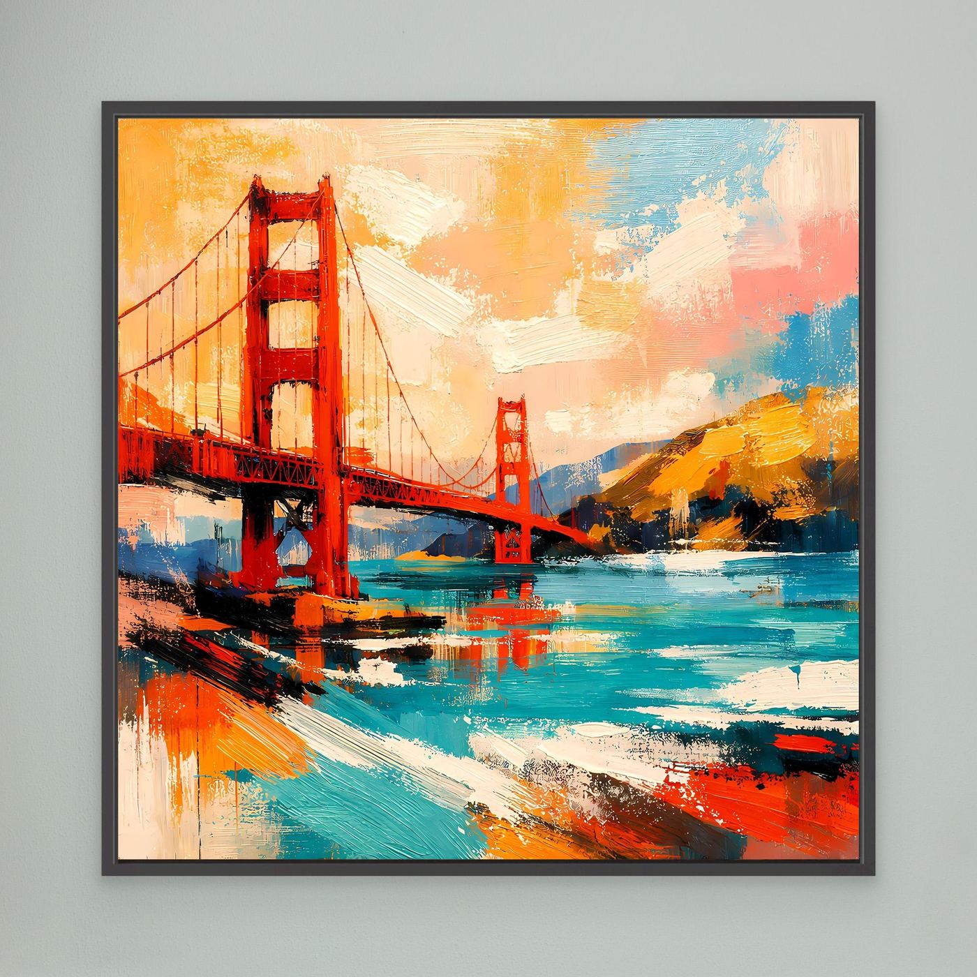 Black-framed abstract bridge wall art with red towers, teal water, and orange accents