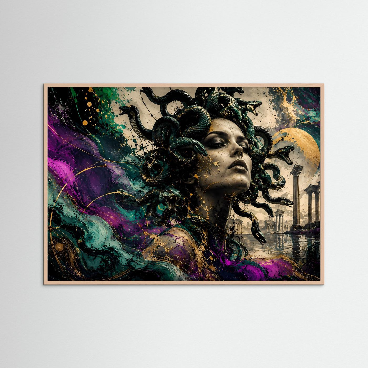 Medusa Wandbild Abstrakt | Mythologie Kunst mit Schlangen | Moderne Gorgone Wall Art | Griechische Antike Fantasy Poster | Luxus Leinwand Gold Akzente