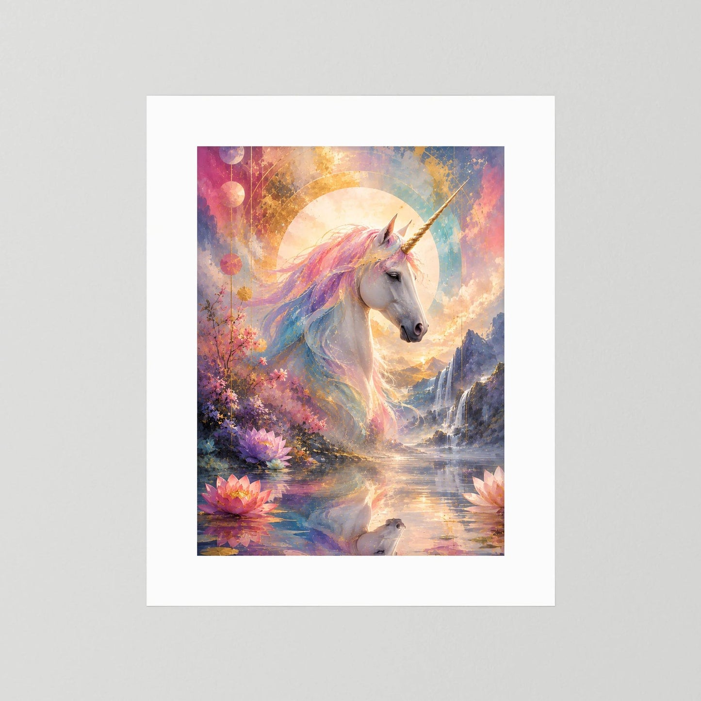 Fantasy-Druck mit Einhorn im Pastellmotiv, Mondkreis über Wasser und Lotusblüten, ohne Rahmen