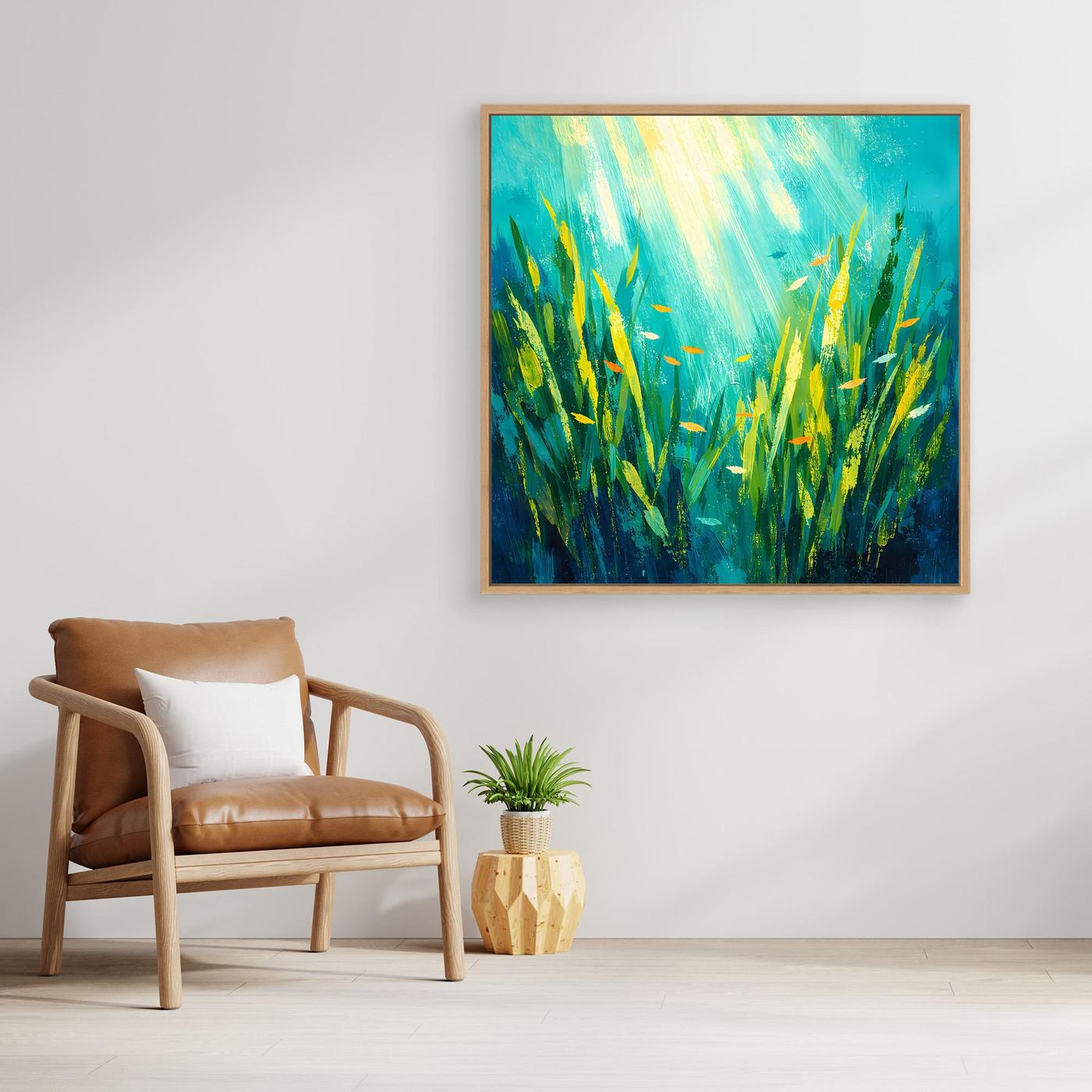 Leinwand Lichtdurchfluteter Algenwald unter Wasser | Abstraktes Ozean Wandbild
