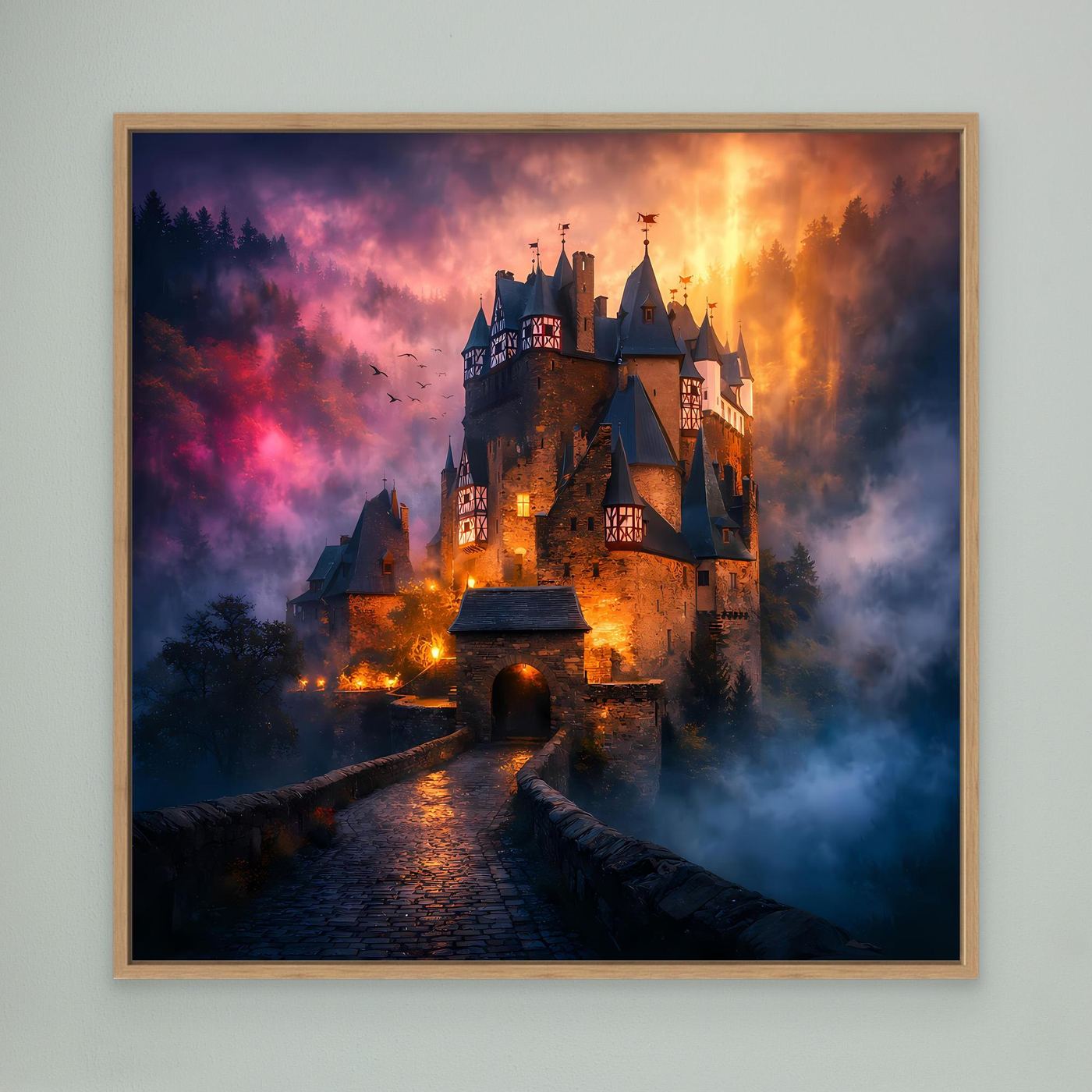 Leinwand Mystische Ritterburg im Nebel | Abstraktes Märchenschloss Wandbild
