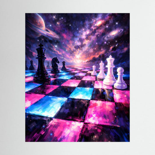 Schachposter im Hochformat mit galaktischem Schachbrett, Planeten und leuchtendem Sternhimmel