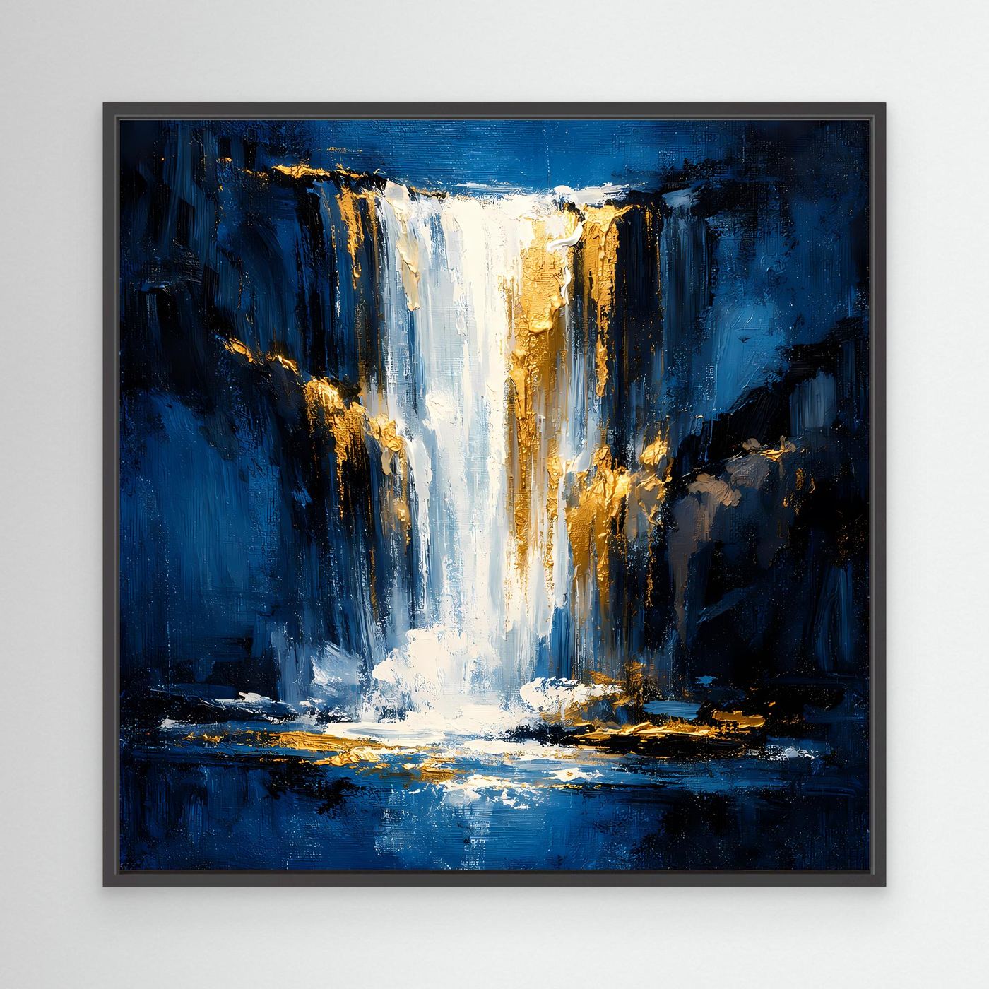 Leinwand Abstraktes Wasserfall Gemälde in Dunkelblau und Gold | Modernes Natur Wandbild