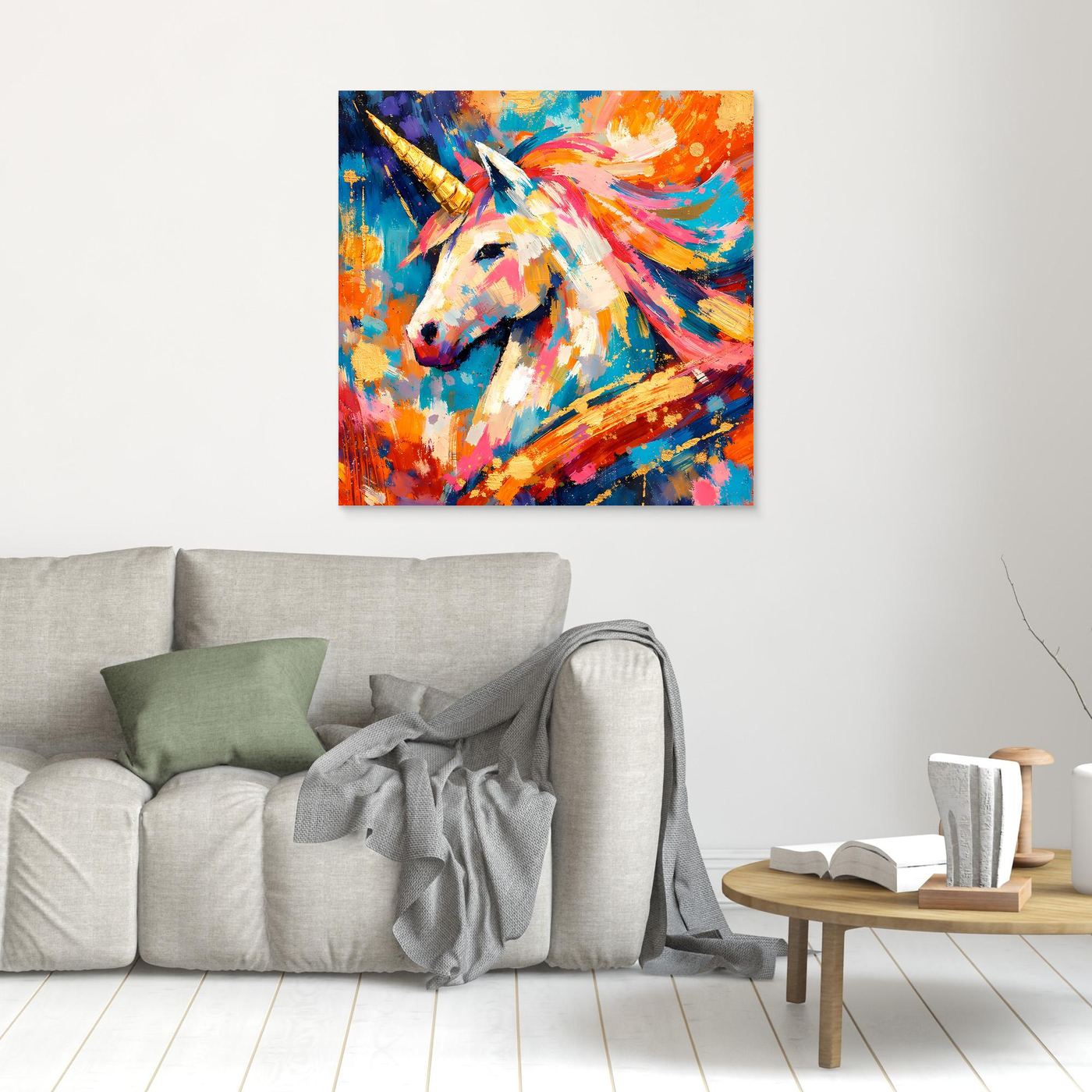 Leinwandbild mit abstraktem Einhornmotiv, buntes Farbspiel und dynamische Farben