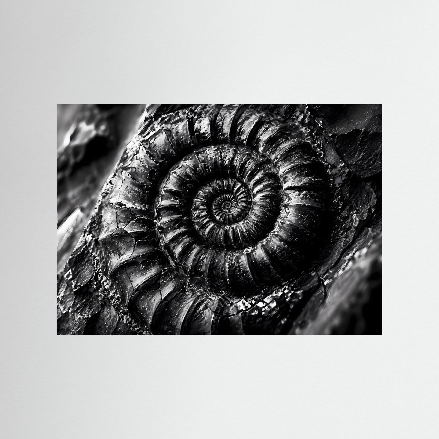 Ammonit Fossil Schwarz Weiß Poster | Makro Fossilien Wandkunst | Monochrome Naturkunst | Geologie Leinwand | Modernes Spiral Fossil Bild