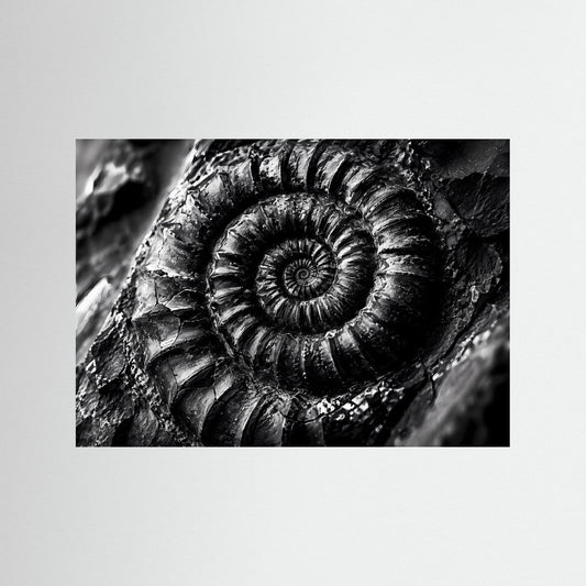 Ammonitenfossil-Poster: Makro-Spiral, schwarzweiße Gesteinsstruktur, ohne Rahmen