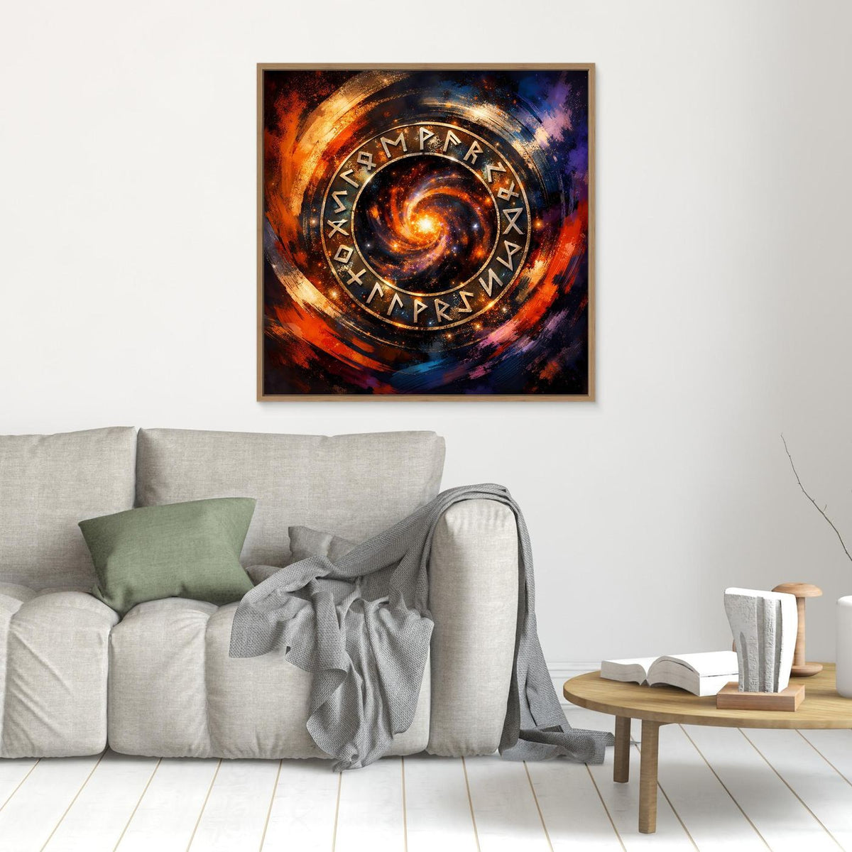 Kleines Leinwand-Wandbild mit galaktischem Runenkreis und ringförmigen Runen, Holzrahmen.