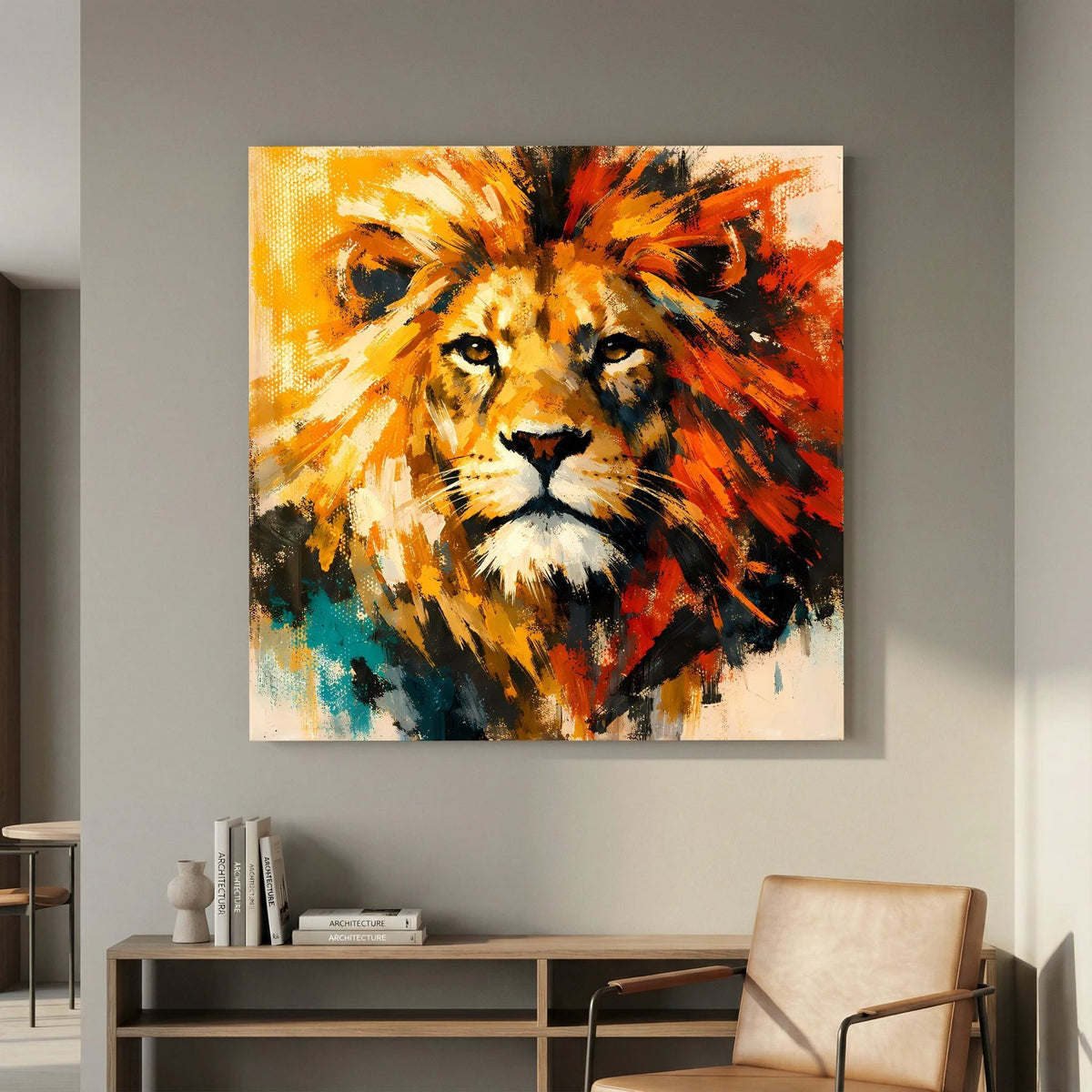 Leinwand Abstraktes Löwen Gemälde | Modernes Kraftvolles Tier Wandbild Bunt