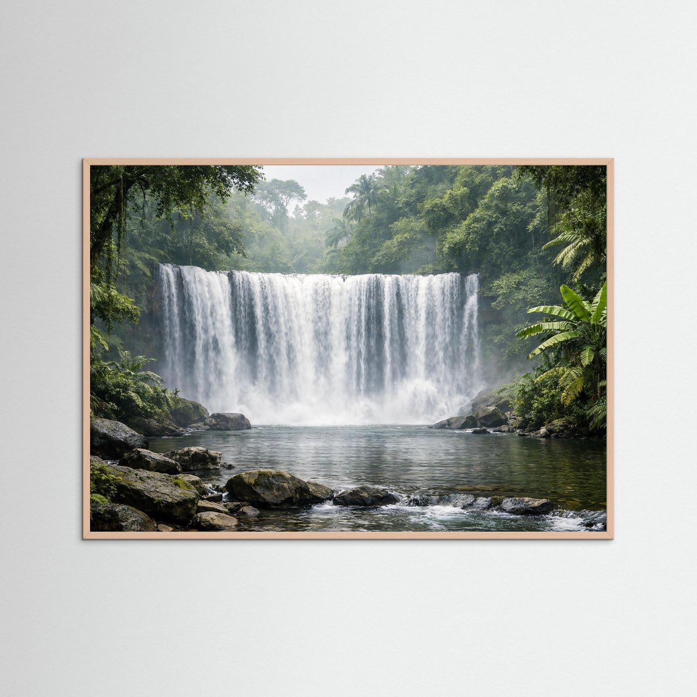 Naturposter Querformat im rosafarbenen Holzrahmen mit Wasserfall im Dschungel und Fluss