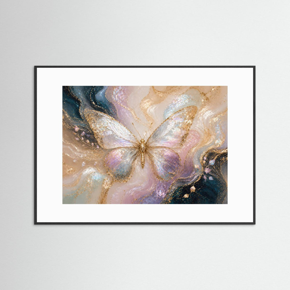 Wandkunst-Poster mit abstraktem Schmetterling in Pastellfarben und Goldakzenten, schwarzer Rahmen