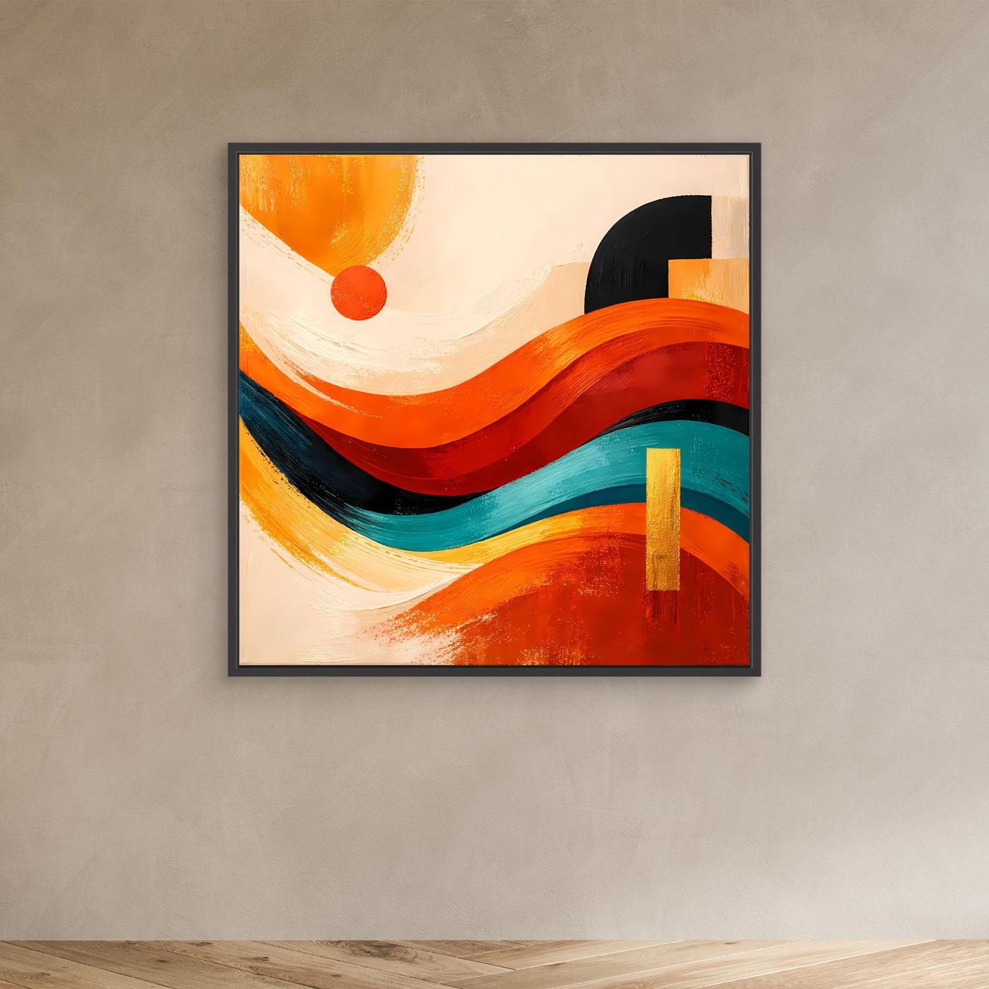 Leinwandbild mit schwarzem Rahmen, abstrakte Wellenlinien in Orange, Rot und Türkis
