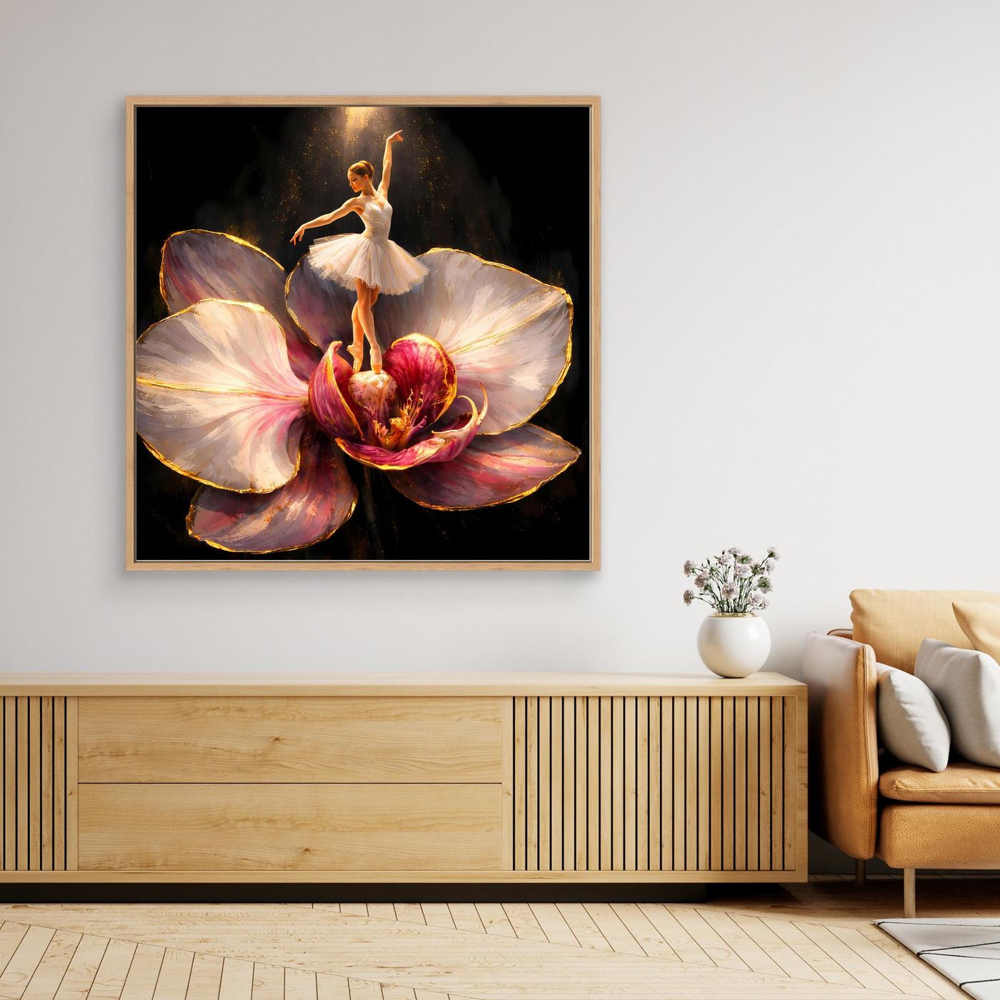 Premium Leinwand Elegante Ballerina auf Orchidee | Abstraktes Ballett Wandbild mit Goldakzenten