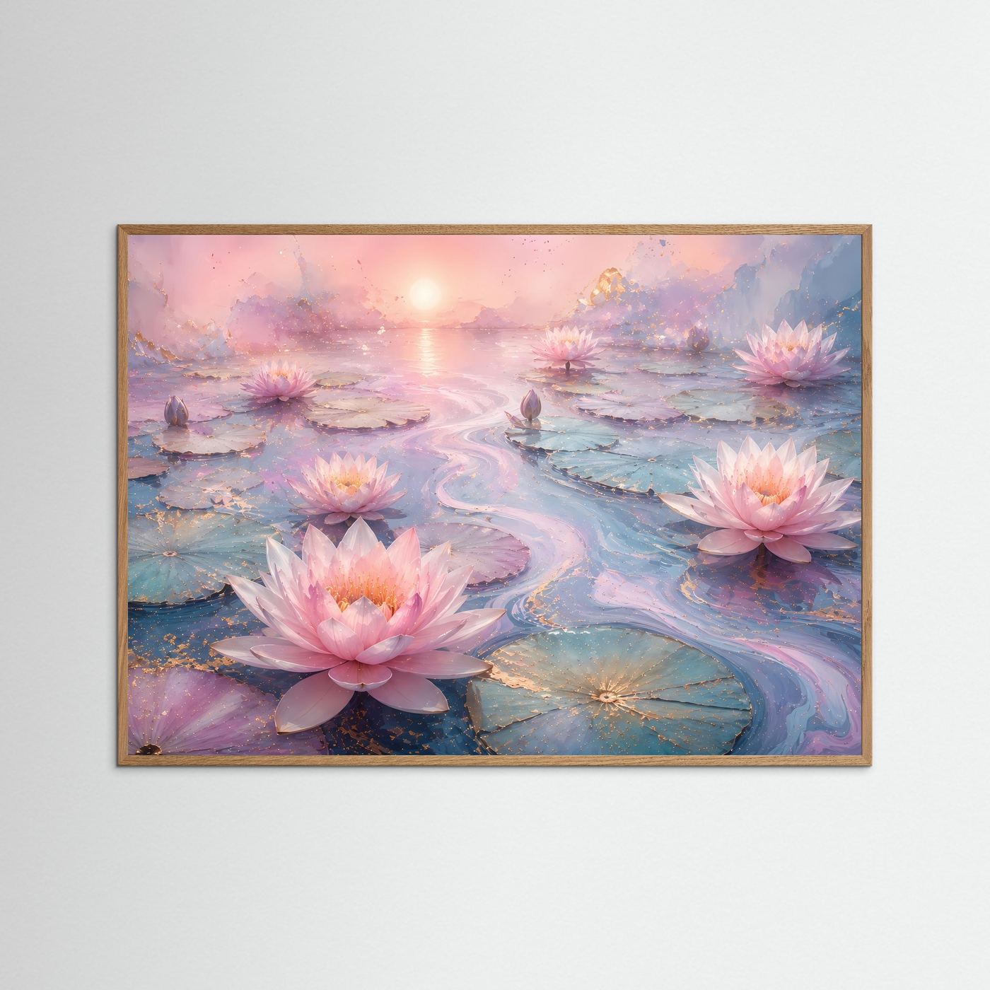 Lotusblüten Poster Querformat | Rosa Seerosen auf Wasser | Elegante Zen Wandkunst in Pastell
