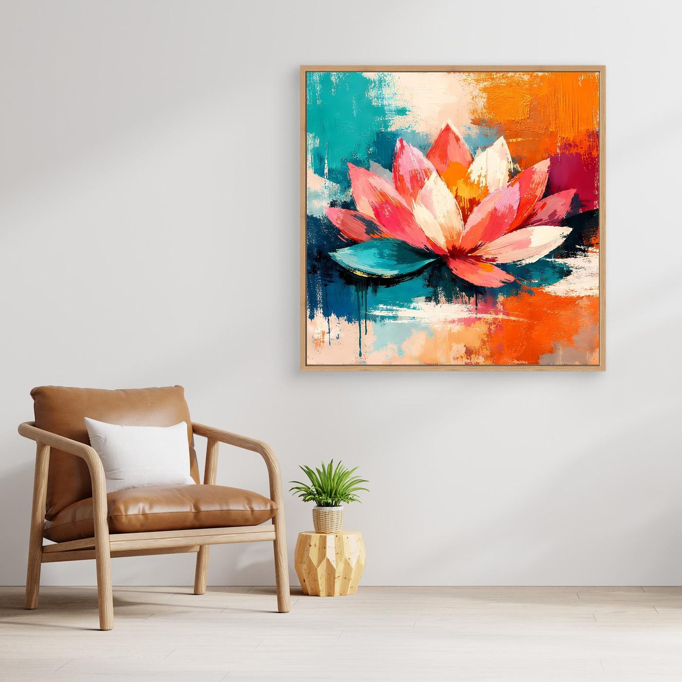 Framed abstract lotus canvas wall art with pink petals and teal reflections on water.