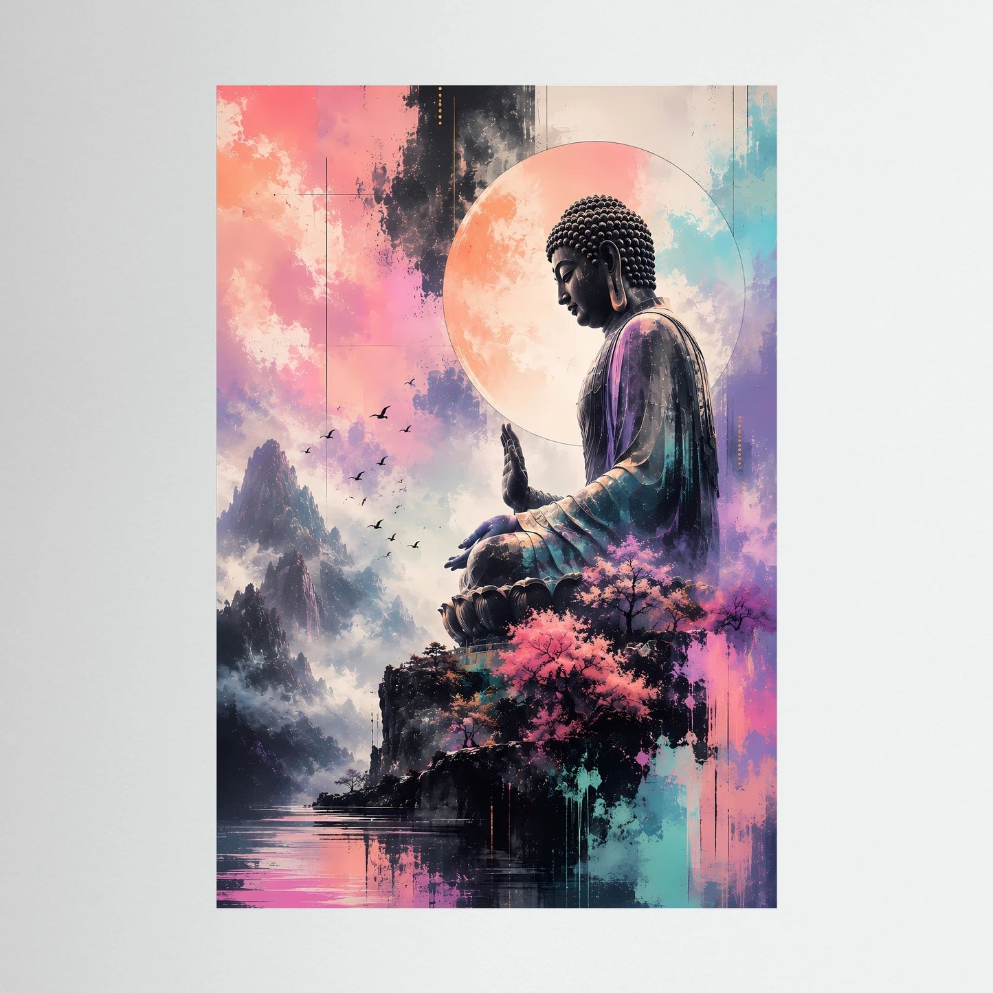Ungefasstes Hochformat-Poster mit sitzendem Buddha, Berge und Kirschblüten vor großem Mond