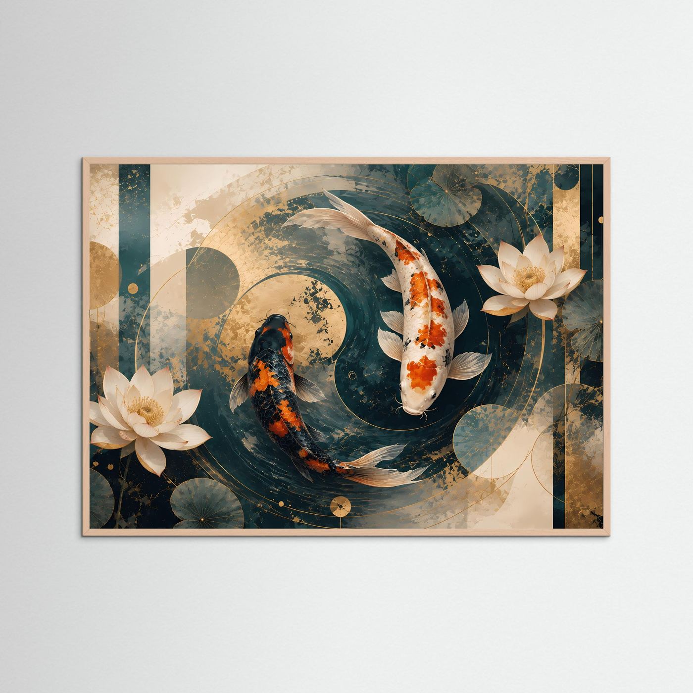 Koi Poster Querformat | Japanische Koi-Fische mit Lotusblüten in Petrol, Creme & Gold | Elegantes asiatisches Wandbild mit abstrakter Wasserlandschaft