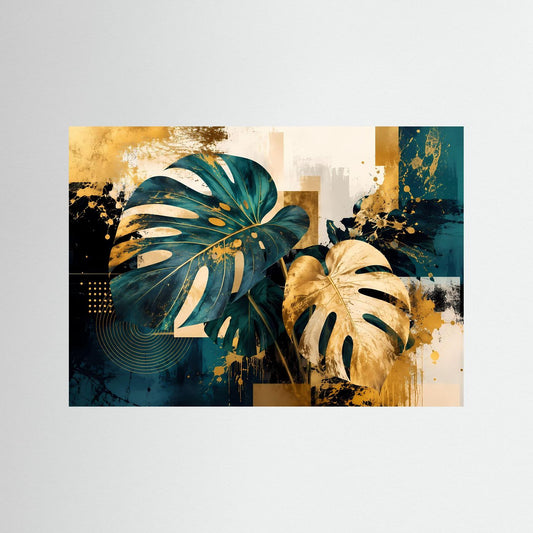 Abstraktes Monstera-Blatt-Poster mit petrolen und ockerfarbenen Blättern, Querformat