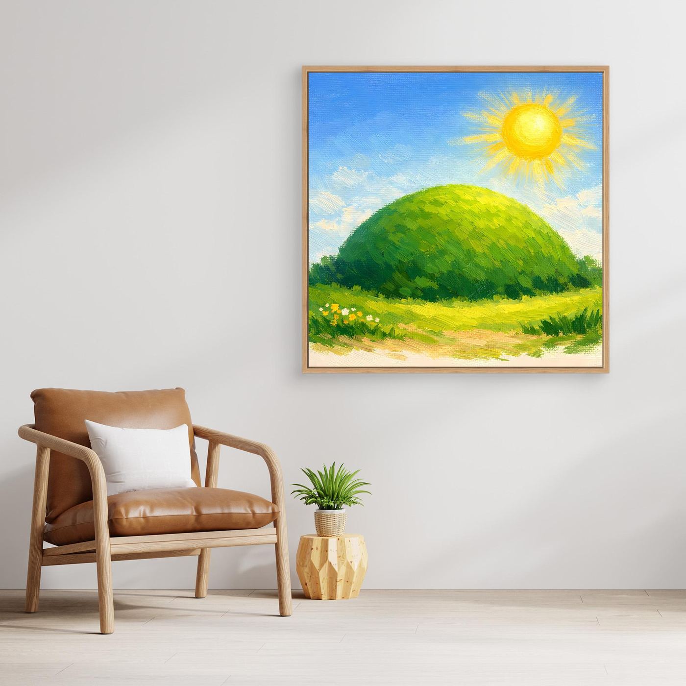 Quadratisches Leinwandbild mit grüner Kuppe, gelber Sonne und gelb-grüner Wiese