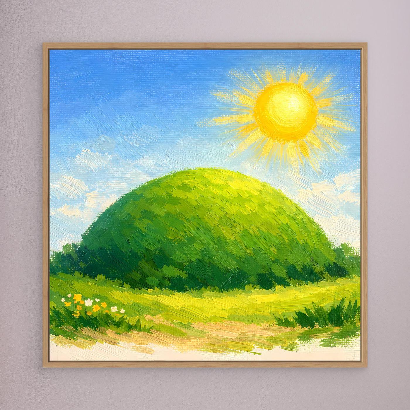Leinwandbild mit grünem Hügel und gelber Sonne, im braunen Holzrahmen