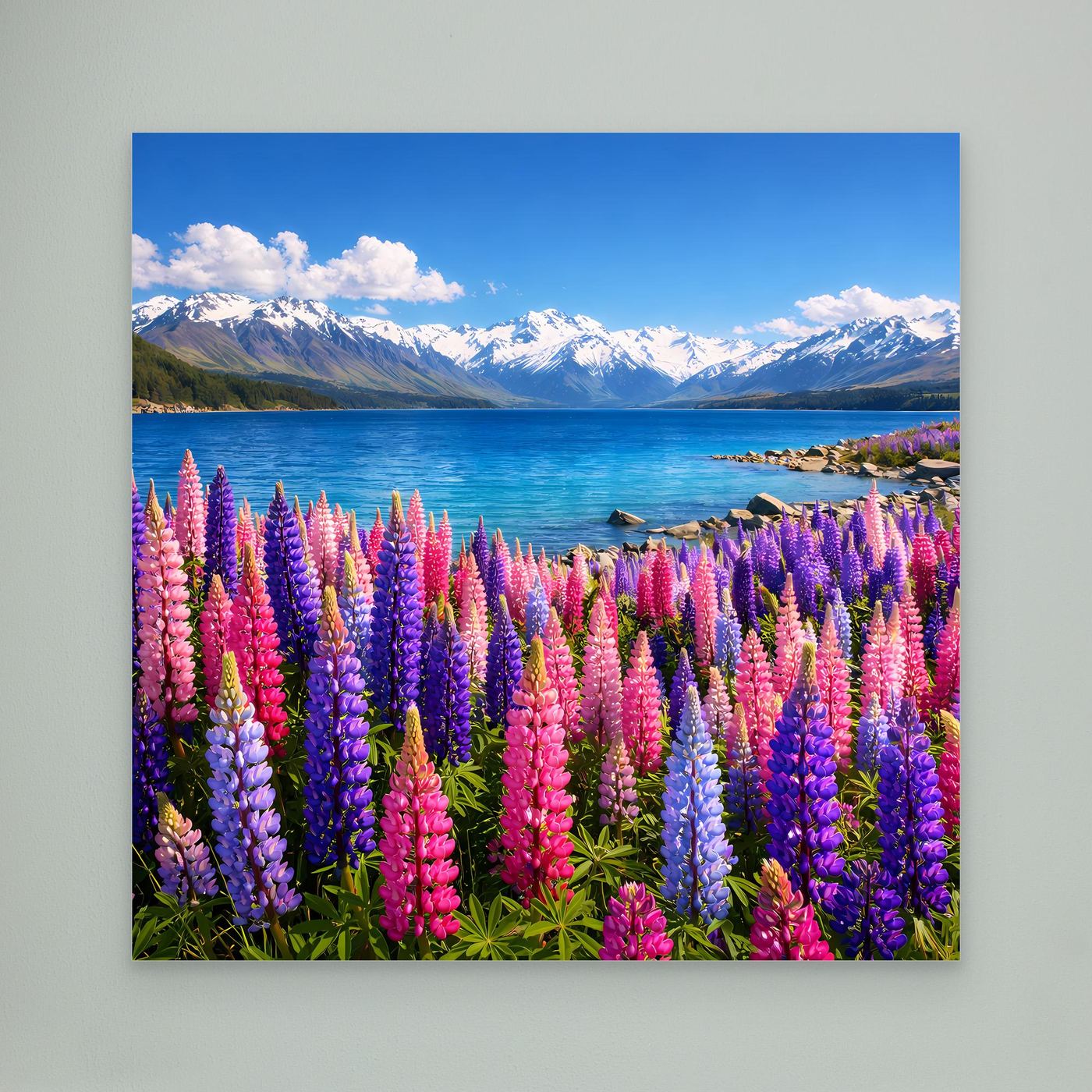 Leinwandbild mit bunten Lupinen am Bergsee, Nahansicht ohne Rahmen