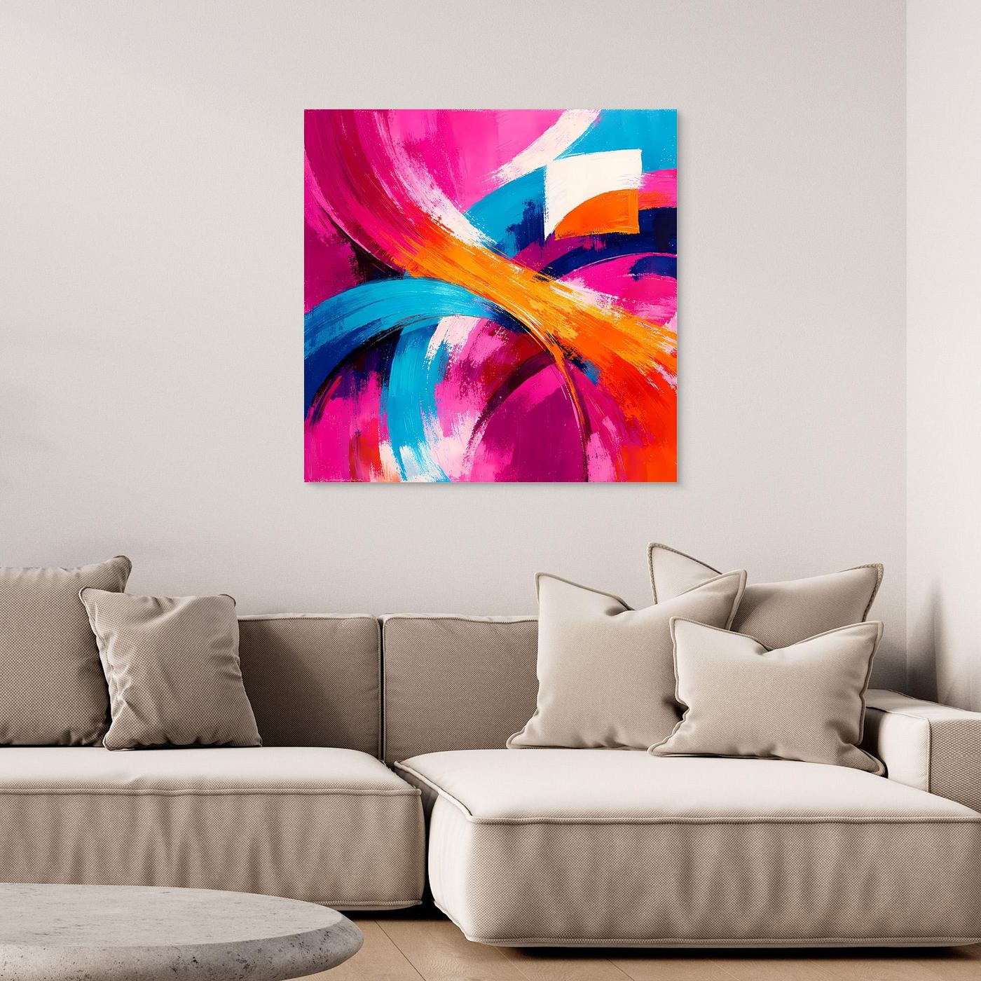 Abstraktes Leinwandbild mit Pinselstrichen in Pink, Blau und Orange